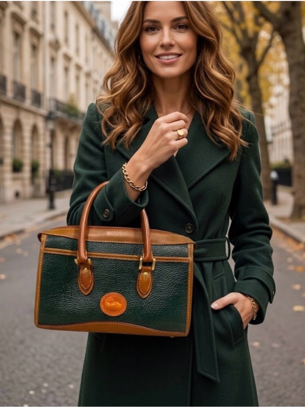 Dooney & Bourke Green and Brown Pebbled Leather Satchel